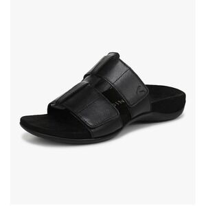 Vionic Wms Riley Slide Sandals Black Leather Orthotic Arch Support 7W NEW! $130